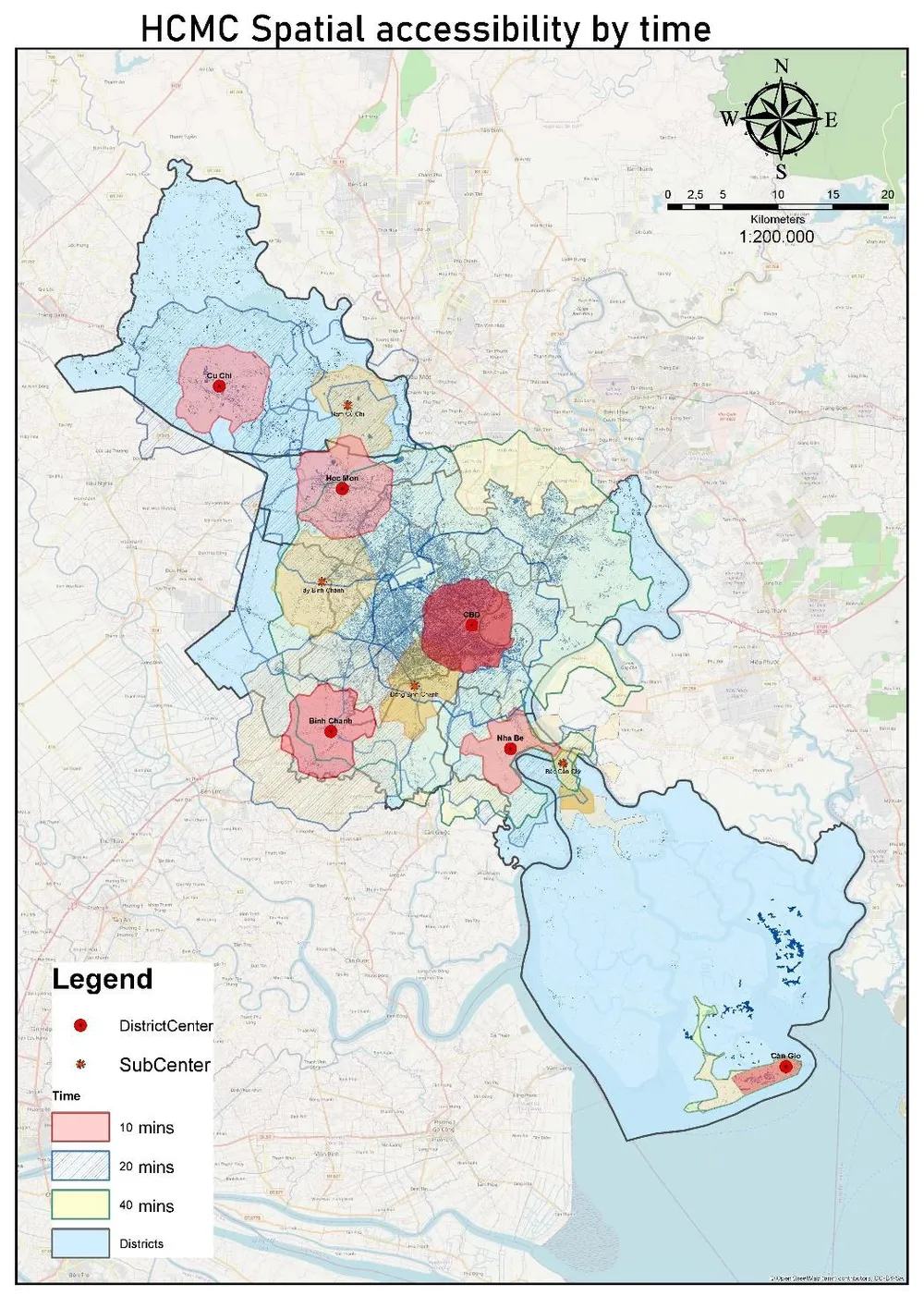 Đánh giá hiệu quả khai thác hệ thống giao thông nội huyện (từ các trung tâm huyện) theo khả năng bao phủ diện tích và theo tiếp cận hiệu quả theo khung thời gian 20 phút và 40 phút. Trong quan hệ kết nối gần (tới trung tâm hoặc với độ phủ dịch vụ và dân cư), khu vực phía Nam (Nhà Bè) và trung tâm Bình Chánh còn một số hạn chế. Các khu vực Cần Giờ và Củ Chi có quy mô tiếp cận dân cư thấp, nhưng độ phủ dân số cao. Còn khu vực phía Bắc huyện Bình Chánh và huyện Hóc Môn có khả năng tiếp cận dân số và việc làm khá cao dù mạng lưới đường chính còn thấp - điều này giải thích vì sao khu vực này lại được lựa chọn cho đa số công nhân và người thu nhập trung bình thấp.