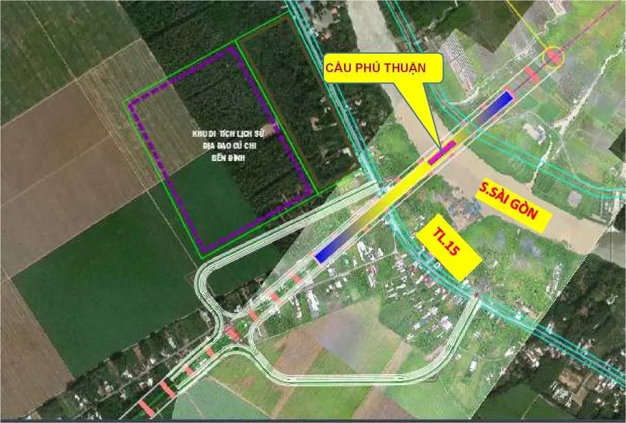 Nút giao vành đai 4 với Tỉnh lộ 15 (huyện Củ Chi) theo phương án đề xuất chọn. Nút giao sẽ có cầu vượt dọc đường Vành đai 4 qua Tỉnh lộ 15 cho các làn xe cao tốc. Tích hợp cùng cầu Phú Thuận vượt sông Sài Gòn. -Xây dựng 2 nhánh nối 2 chiều nối Tỉnh lộ 15 với các nhánh nối 1 chiều tiếp cận vào ra làn cao tốc (màu xanh), xây dựng các nhánh song hành cặp theo các nhánh nút giao