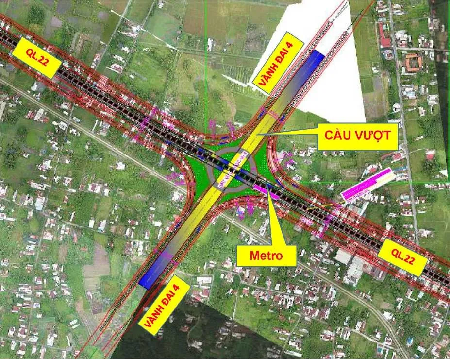 Nút giao với đường Quốc Lộ 22: Quốc Lộ 22 theo quy hoạch là đường cấp III đồng bằng gồm 4-6 làn chính. Mỗi bên có 2 đường song hành 2-3 làn mỗi chiều, giữa tuyến có đường sắt đô thị (Metro số 2). Xây dựng cầu vượt dọc đường vành đai 4 qua quốc lộ 22 cho các làn xe cao tốc, xây dựng 4 nhánh nối 1 chiều nối Quốc lộ 22 cặp hai bên cầu vượt tiếp cận vào ra làn cao tốc, xây dựng Vòng xuyến trên mặt đất dưới cầu để chuyển hướng các nhánh.