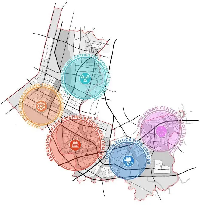Năm trung tâm mới của huyện Bình Chánh theo triết lý đa tâm. Triết lý đa tâm của Bình Chánh, kéo dài từ phía Tây đến phía Nam của TP.HCM, đề xuất một cấu trúc quy hoạch kiến tạo chuỗi đa trung tâm. Mỗi trung tâm sẽ có vai trò và chức năng riêng biệt, kết nối với nhau để tạo thành một mạng lưới mạnh mẽ và tương hỗ.