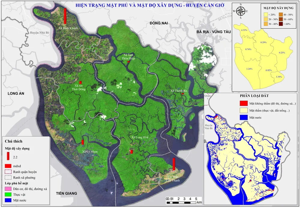 Bản đồ hiện trạng mặt phủ và mật độ xây dựng huyện Cần Giờ (Nguồn: tính toán của nhóm nghiên cứu – sử dụng giải đoán ảnh vệ tinh). Huyện Cần Giờ có cơ hội trở thành thành phố xanh, du lịch sinh thái thân thiện môi trường, trung tâm nghỉ dưỡng chất lượng cao, có đủ sức cạnh tranh và thu hút khách du lịch với các trung tâm du lịch khác tại Việt Nam và khu vực Đông Nam Á.