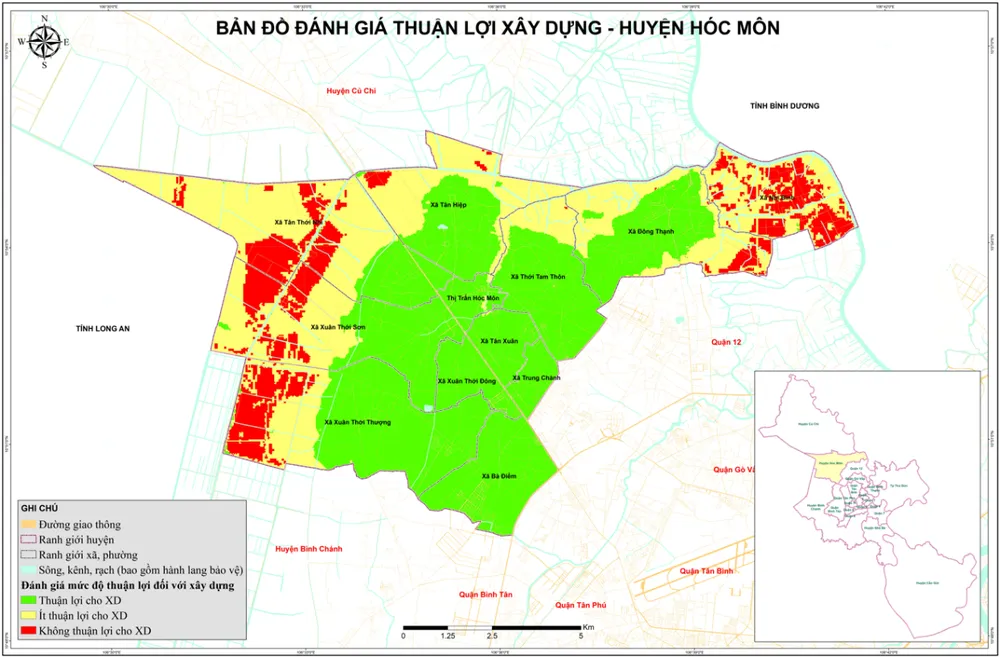 Tốc độ đô thị hóa nhanh chóng với làn sóng dịch chuyển dân cư ra các huyện ngoại thành đã làm cho quỹ đất thuận lợi xây dựng ngày càng hạn hẹp. Tính từ năm 1998 đến năm 2022, tỉ lệ diện tích mặt không thấm (đất xây dựng) so với tổng diện tích tự nhiên huyện Hóc Môn đã tăng hơn 16 lần, trong khi đó, quỹ đất còn lại để tiếp tục phát triển phần lớn lại rơi vào loại đất ít hoặc không thuận lợi cho xây dựng..