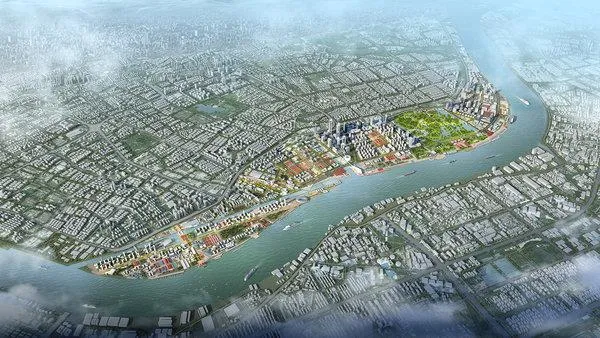 Phối cảnh khu vực này khi điều chỉnh quy hoạch phân khu. Hiện trạng chủ yếu là đất cảng, kho bãi, bãi đậu xe và một phần dân cư hiện hữu, đề xuất thành khu giáo dục và đào tạo chất lượng cao và dịch vụ xanh.