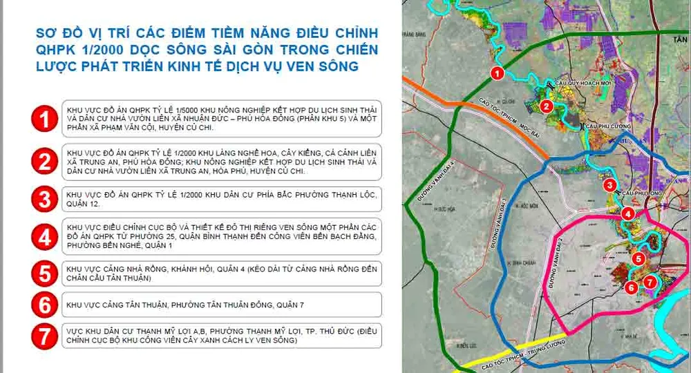 Theo đó, Sở QH-KT TP đề xuất 7 khu vực có tiềm năng khai thác và phát triển kinh tế dọc hai bên bờ sông Sài Gòn có tổng quy mô 2.289 ha.