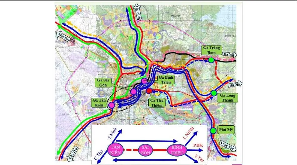 Mô hình chạy tàu giữa 3 ga và kết nối các ga đầu mối khác.