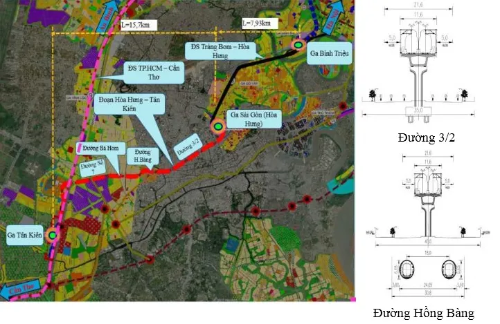 Trong báo cáo đầu kỳ, đơn vị tư vấn cũng nêu rõ phương án đi xuyên tâm qua ga Sài Gòn bằng việc bổ sung quy hoạch đoạn tuyến đường sắt đi trên cao khổ 1.435 mm từ ga Bình Triệu - Sài Gòn - Tân Kiên. Tuyến này dài khoảng 23,6 km, trong đó đoạn 2 từ ga Sài Gòn đi Tân Kiên đi trên cầu cạn, hướng tuyến đi theo trục hành lang đường Ba Tháng Hai đến nút giao Cây Gõ, đường Hồng Bàng đến vòng xoay Phú Lâm rồi về ga Tân Kiên.