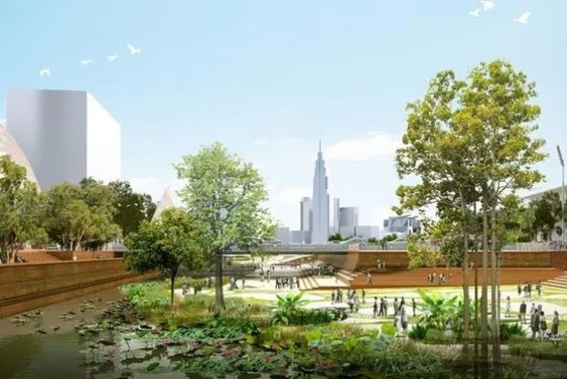 Phối cảnh ý tưởng (tham khảo, chưa chính thức) nhìn từ bờ Thủ Thiêm qua trung tâm TP.