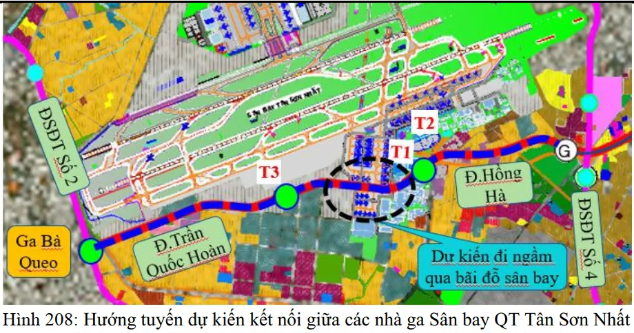Đoạn đi ngầm (vóng tròn màu đen) qua khu vực sân bay Tân Sơn Nhất để kết nối các nhà ga. Ảnh: Liên danh tư vấn sân bay tân sơn nhất 1.jpg