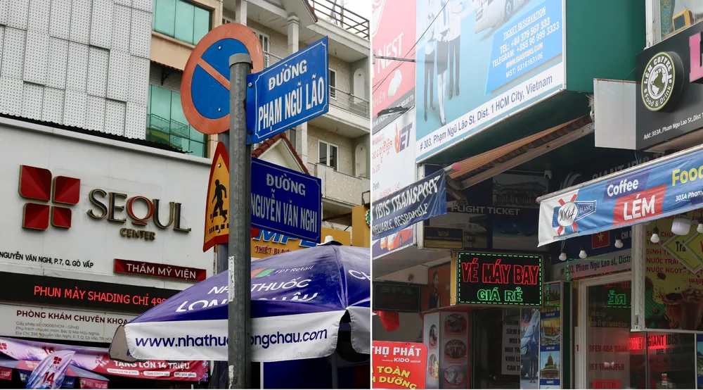 Đường Phạm Ngũ Lão ở quận Gò Vấp (hình bên trái) và đường Phạm Ngũ Lão, quận 1 (hình bên phải). Ảnh: LAN HƯƠNG đường trùng nhau.jpg