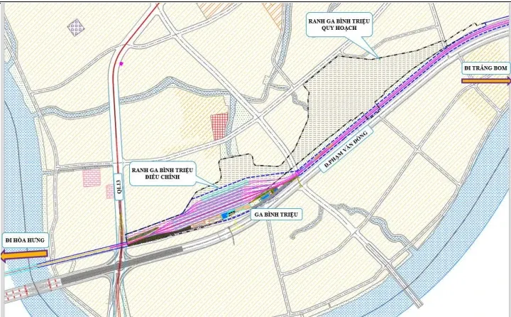 Ranh ga Bình Triệu quy hoạch cũ lên đến 41 ha, ranh ga Bình Triệu điều chỉnh theo đề xuất liên danh tư vấn còn 15 ha. Ảnh: liên danh tư vấn.