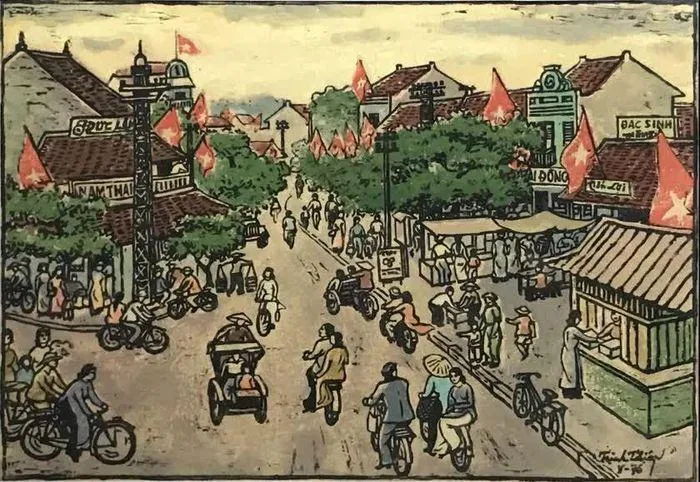 Tác phẩm &quot;Ô Chợ Dừa sau ngày giải phóng thủ đô&quot; - khắc gỗ - họa sĩ Trịnh Thiệp