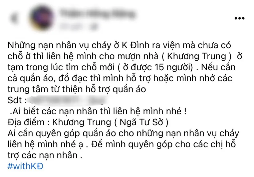 Một bài viết trên mạng xã hội hỗ trợ chỗ ở cho các nạn nhân trong vụ cháy chung cư mini Hà Nội. nhà văn hoá 5.jpeg