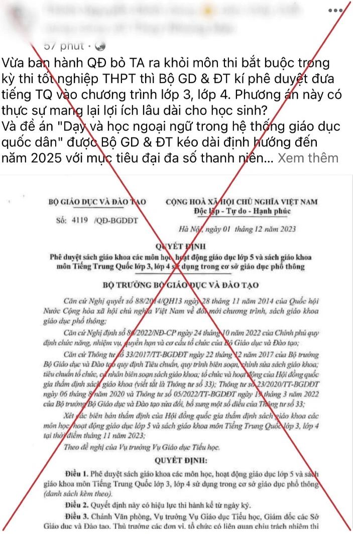 yêu cầu xử lí bài viết xuyên tạc về Quyết định phê duyệt sách giáo khoa tiếng Trung