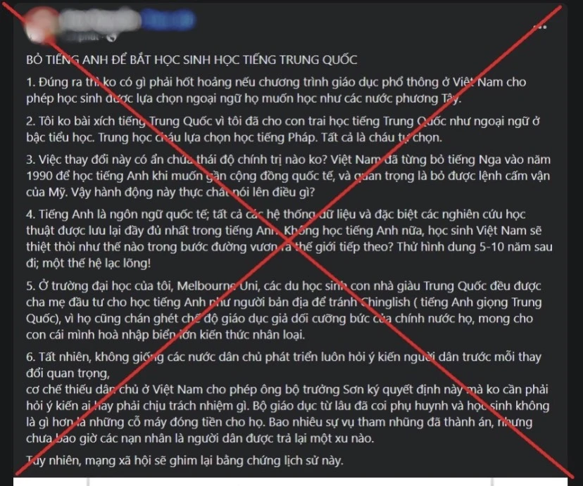 yêu cầu xử lí bài viết xuyên tạc về Quyết định phê duyệt sách giáo khoa tiếng Trung