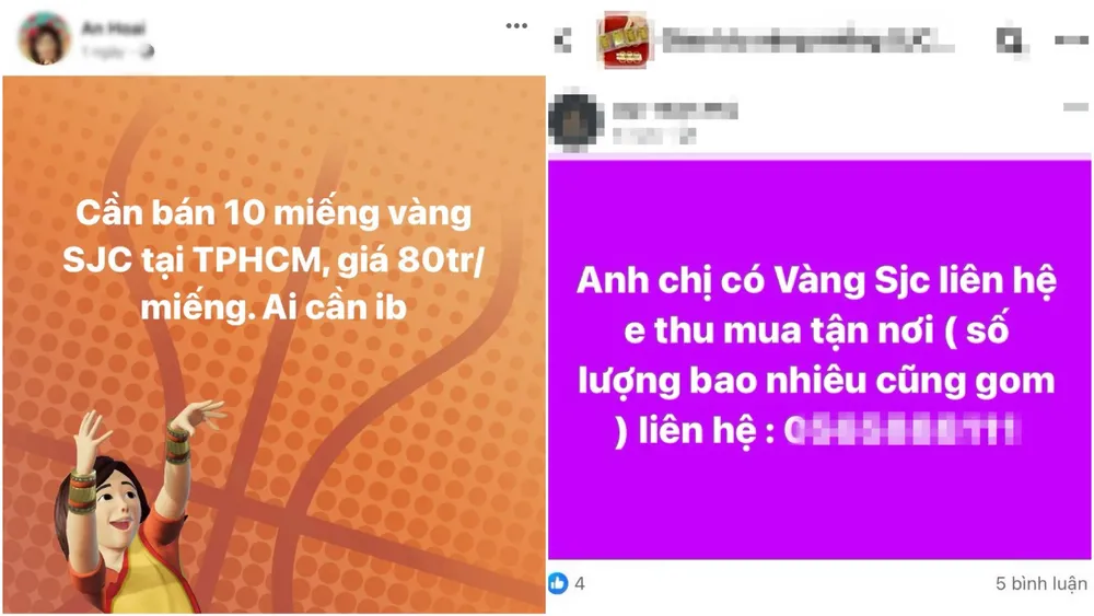 Vàng miếng SJC được mua bán tràn lan trên mạng xã hội. Ảnh: Minh Trúc vàng miếng SJC chợ đen 9.jpeg