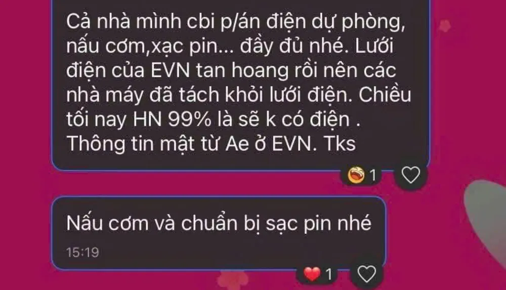 Tin đồn về việc sẽ cắt điện do ảnh hưởng của cơn bão số 3 lan truyền trên mạng. Ảnh: MINH TRÚC Cơn bão số 3.png