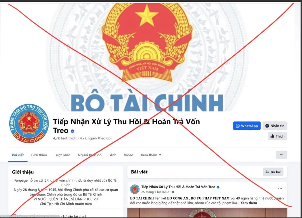 Bộ Tài chính khẳng định, trang facebook 'Tiếp nhận Xử lý Thu hồi và Hoàn Trả Vốn Treo' (hoặc tương tự) giả mạo Bộ Tài chính.