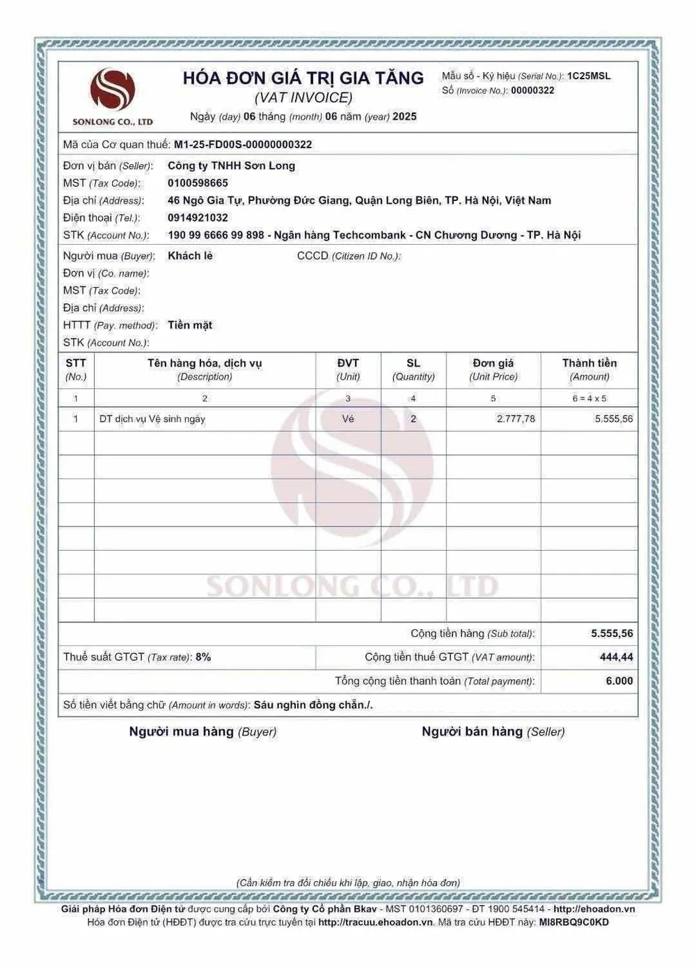 Hoá đơn điện từ với 6.000 đồng cho dịch vụ vệ sinh trong ngày cho 2 người. hoá đơn điện tử