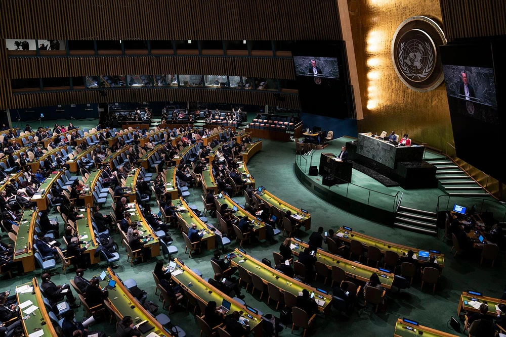 Đại sứ Ukraine tại Liên Hợp Quốc Sergiy Kyslytsya phát biểu trong phiên họp ngày 7-4 khi Nga bị đình chỉ tư cách thành viên ở Hội đồng Nhân quyền. Ảnh: AP