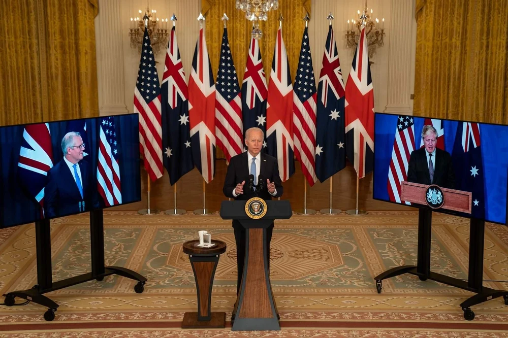 Tổng thống Mỹ Joe Biden, Thủ tướng Anh Boris Johnson và Thủ tướng Úc Scott Morrison tuyên bố thành lập hiệp ước AUKUS. Ảnh: GETTY