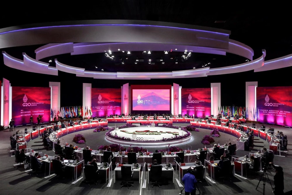 Các bộ trưởng tài chính và thống đốc ngân hàng của các nước G20 nhóm họp tại Indonesia hồi tháng 2-2022. Ảnh: AFP