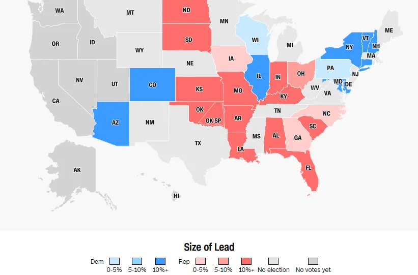 Cục diện cuộc đua giành quyền kiểm soát Thượng viện tính đến 10 giờ 20 phút, với màu đỏ là đảng Cộng hòa, màu xanh là đảng Dân chủ. Ảnh: CNN