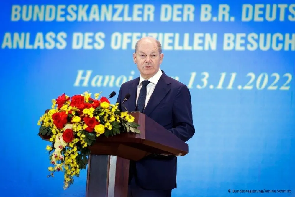 Thủ tướng Olaf Scholz phát biểu nhân chuyến thăm Việt Nam. Ảnh: Bundesregierung/ Janine Schmitz/ Đại sứ quán Đức tại Việt Nam