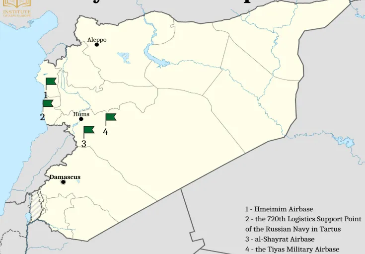 Các căn cứ quân sự Nga và các căn cứ Syria mà Nga thỉnh thoảng sử dụng tại Syria. Ảnh: Institute of New Europe