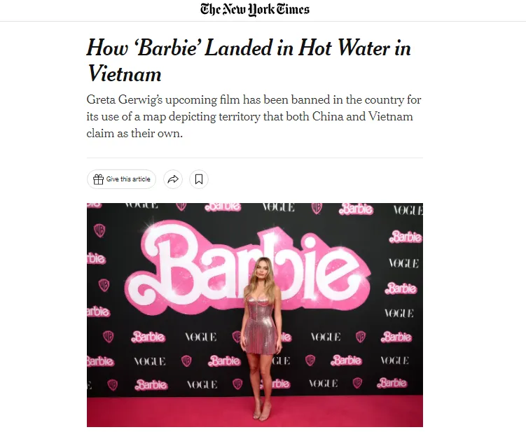 Tờ The New York Times đăng tải thông tin phim &quot;Barbie&quot; bị cấm tại Việt Nam. Ảnh chụp màn hình