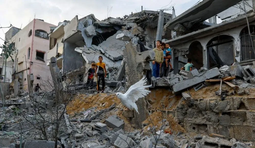 Một con chim bồ câu bay trên những tòa nhà đổ nát ở Khan Younes, phía nam Dải Gaza. Ảnh: REUTERS gaza.png
