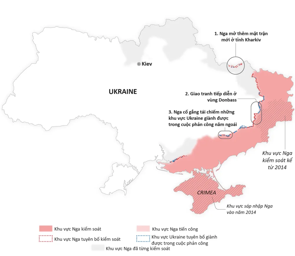 Ba mặt trận khốc liệt nhất chiến trường Ukraine hiện nay, tính đến ngày 29-5. Nguồn: CNN. Việt hóa: ĐỨC HIỀN ản đồ 3 mặt trận khốc liệt nhất chiến trường Ukraine hiện nay