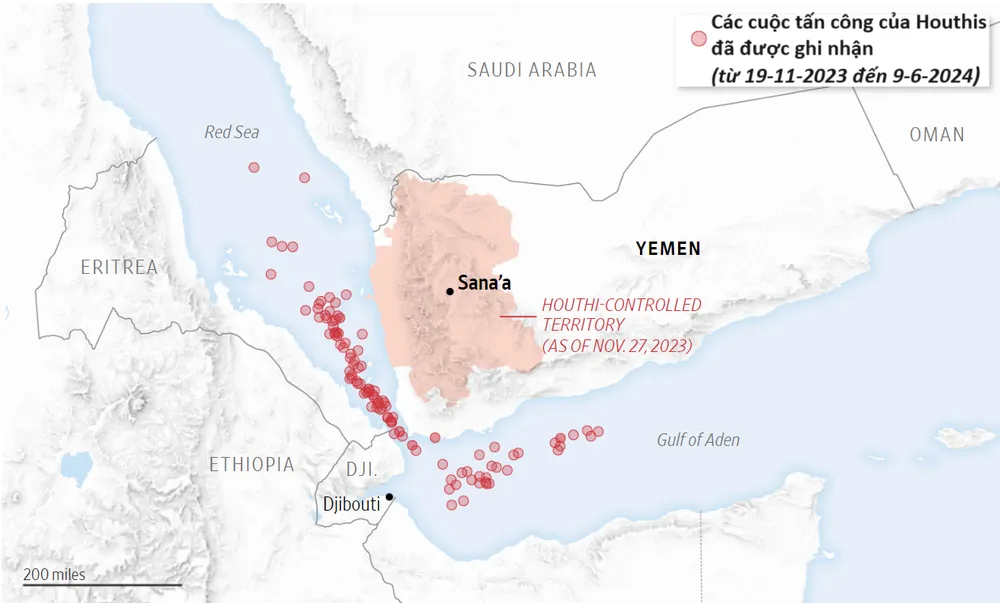 Gần đây, lực lượng Houthis tăng cường tấn công ở Biển Đỏ và sử dụng những vũ khí ngày càng hiện đại. Ảnh: THE WALL STREET JOURNAL houthis-tang-cuong-tan-cong-o-bien-do.png