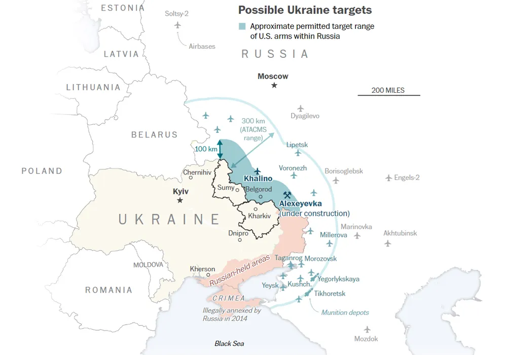 Mỹ cho phép Ukraine dùng vũ khí Mỹ, trừ tên lửa tầm xa ATACM, tấn công hạn chế vào các mục tiêu mà Nga dùng để tấn công vào tỉnh Kharkiv, nên những sân bay của Nga nằm sâu trong lãnh thổ nước này vẫn an toàn. Ảnh: THE WASHINGTON POST gui chi nhi (1).png