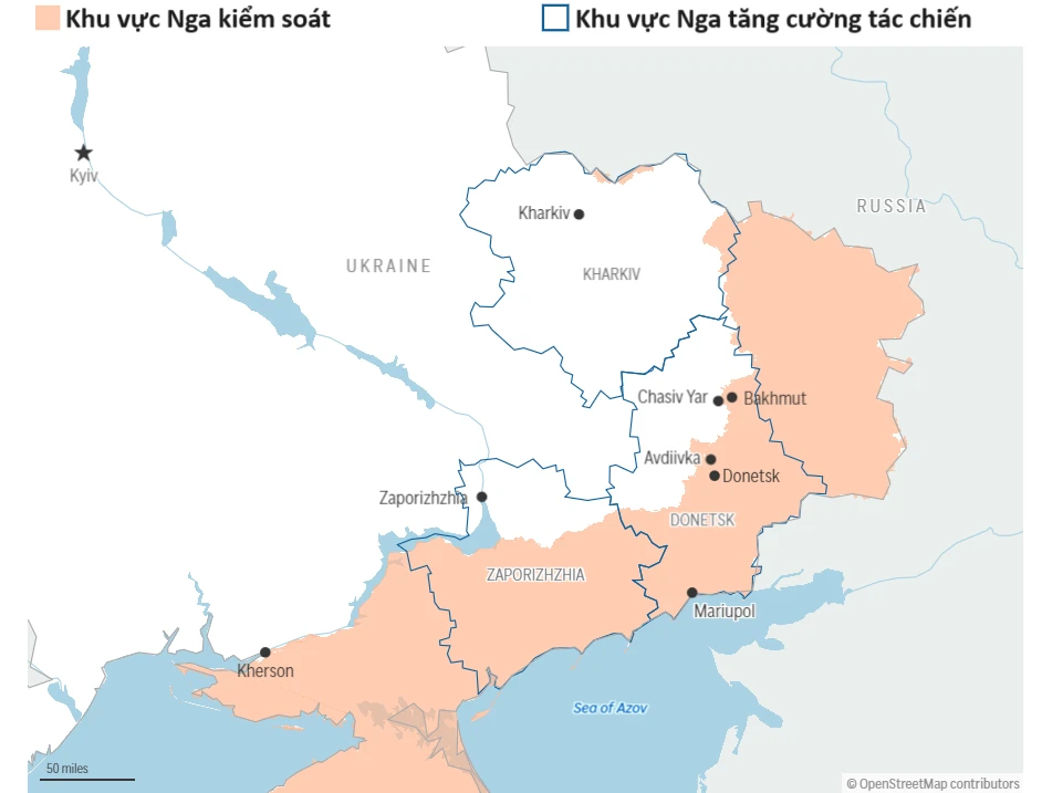 Bản đồ các khu vực Nga kiểm soát và tăng cường tác chiến. Nguồn: AP/ISW ukraine-nang-ganh-hai-vai.png