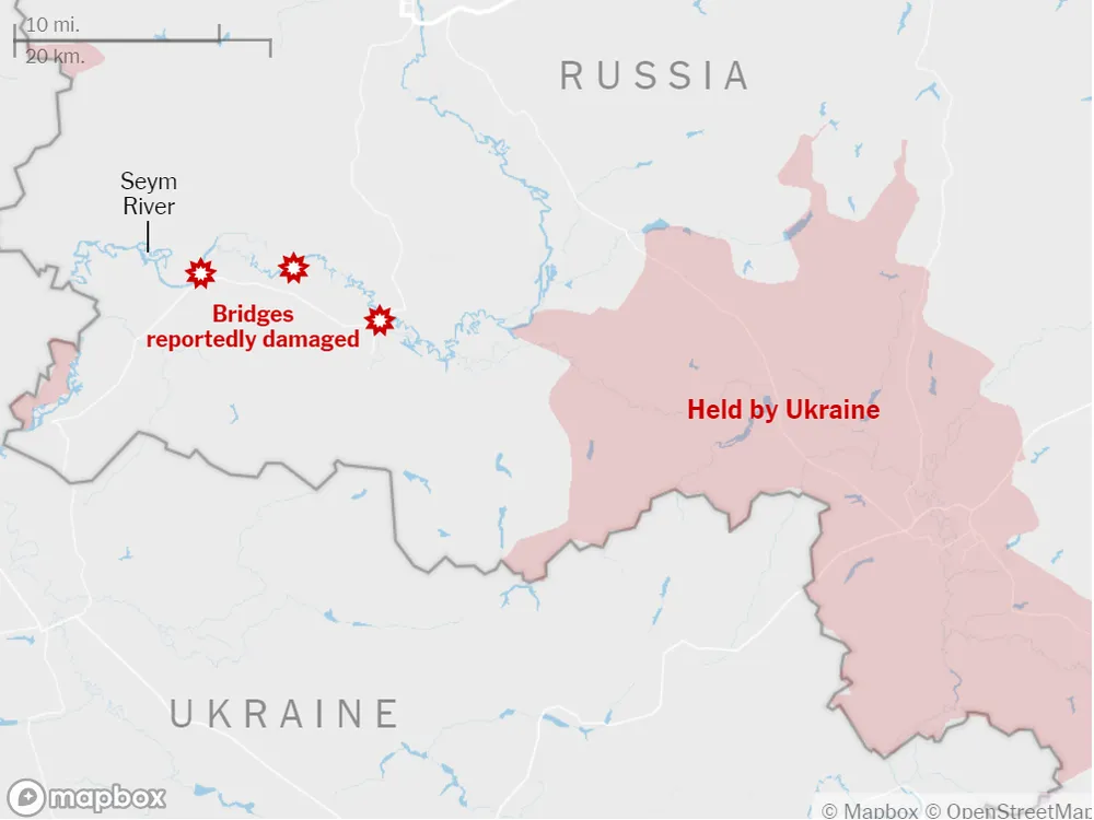 Vị trí của ba cây cầu bên sông Seim (Seym) ở tỉnh Kursk (Nga) bị quân Ukraine tấn công. Ảnh: ISW/THE NEW YORK TIMES chien-thuat-cua-ukraine-ben-song-o-tinh-kursk.png