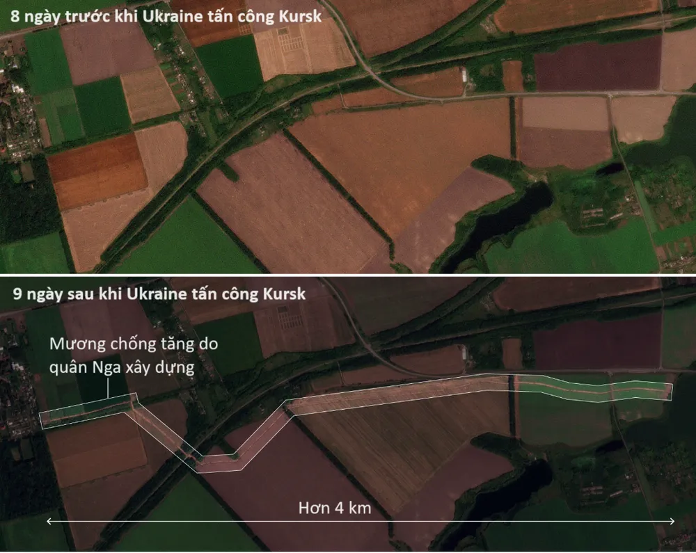 Nga đã củng cố phòng thủ sau khi Ukraine tấn công tỉnh Kursk. Ảnh: PLANET LAB Ukraine, Nga trong cuộc tấn công tỉnh Kursk.