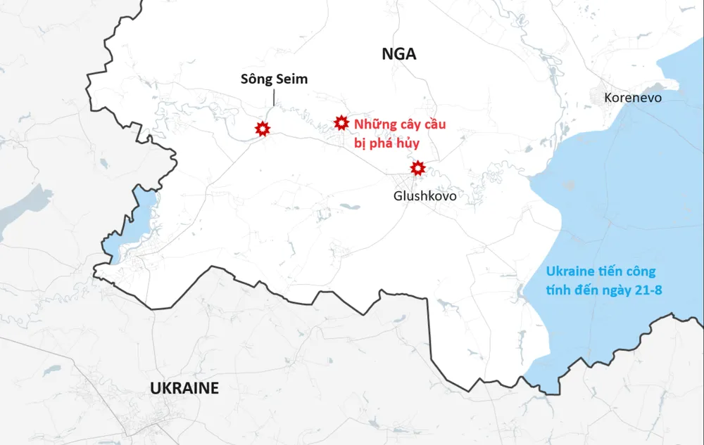 Ít nhất 3 cây cầu bắc qua sông Seim đã bị Ukraine phá hủy. Nguồn: ISW. Việt hóa: ĐỨC HIỀN Ukraine, Nga trong cuộc tấn công tỉnh Kursk.