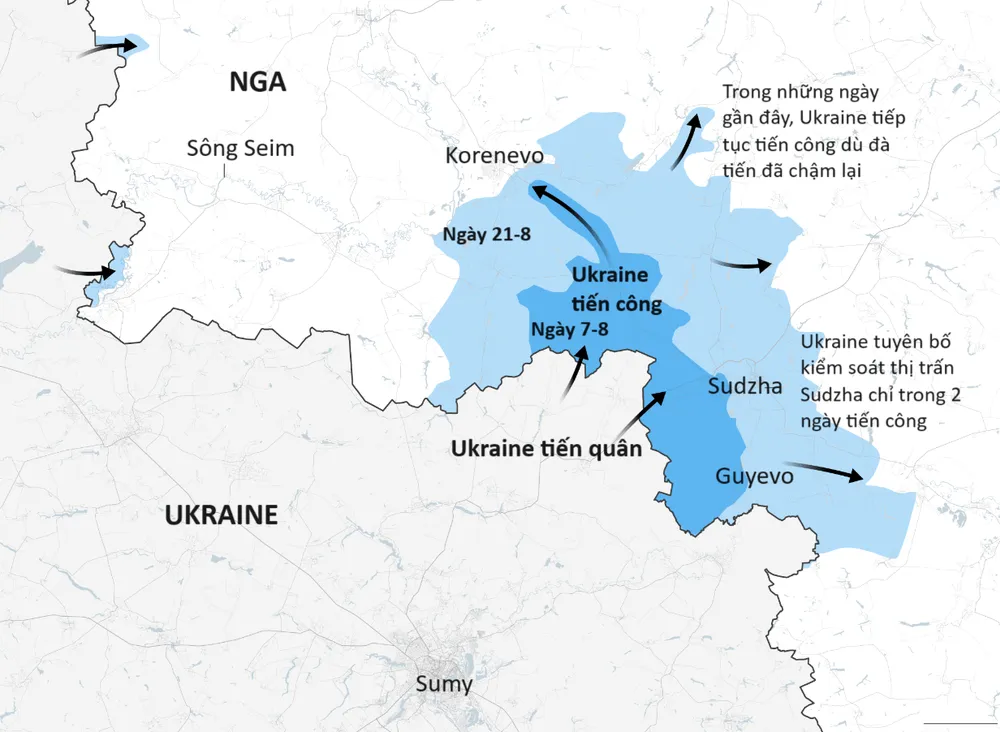 Khu vực Ukraine tiến quân khi tấn công tỉnh Kursk. Nguồn: ISW. Việt hóa: ĐỨC HIỀN Ukraine, Nga trong cuộc tấn công tỉnh Kursk.