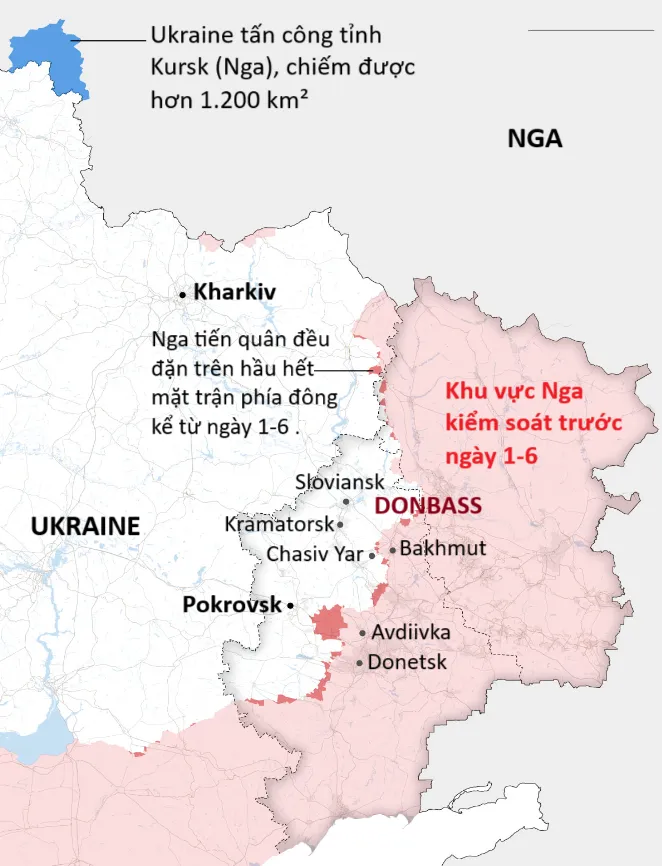 Khu vực Ukraine kiểm soát ở tỉnh Kursk và Nga kiểm soát ở Donbass tính đến ngày 8-9. Nguồn: THE NEW YORK TIMES. Việt hóa: ĐỨC HIỀN ban-do-mien-dong-ukraine-3.png