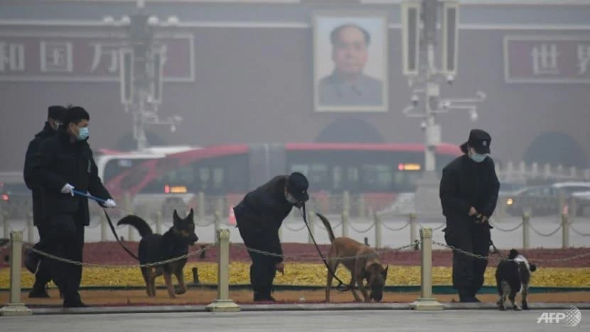 Công an TQ dắt theo cảnh khuyển đi tuần bên ngoài quảng trường Thiên An Môn ở thủ đô Bắc Kinh. Ảnh: AFP