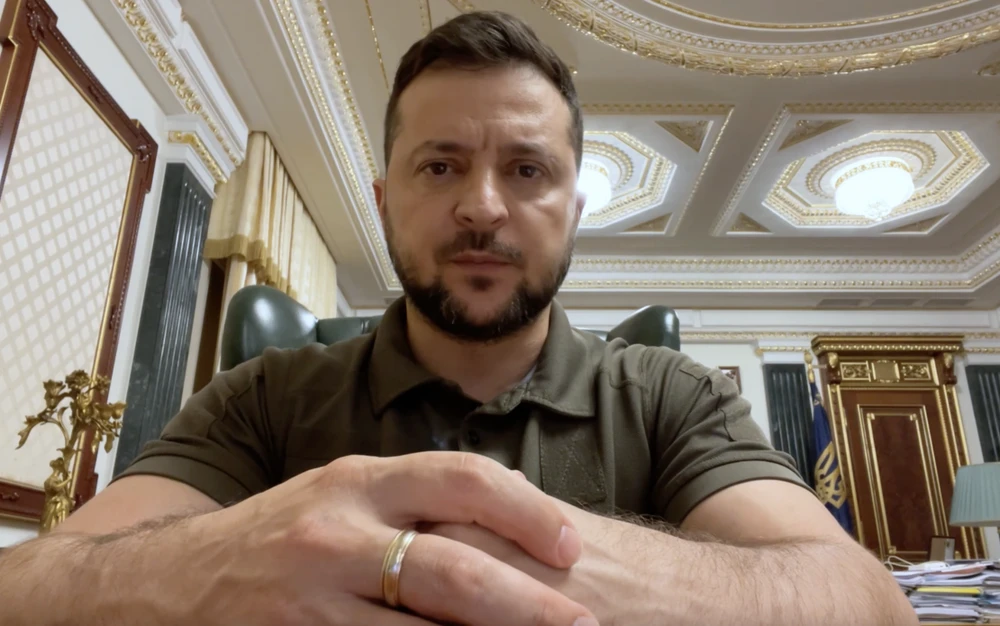Tổng thống Ukraine - ông Vladimir Zelensky trong buổi phát biểu đêm 28-8. ẢNH: PRESIDENT OF UKRAINE OFFICIAL WEBSITE