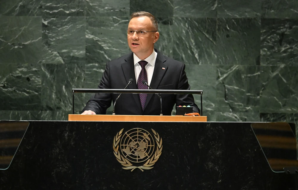 Tổng thống Ba Lan Andrzej Duda phát biểu trong cuộc họp Hội đồng Bảo an Liên Hợp Quốc (HĐBA LHQ) ở Mỹ ngày 20-9. Ảnh: AFP a.jpeg