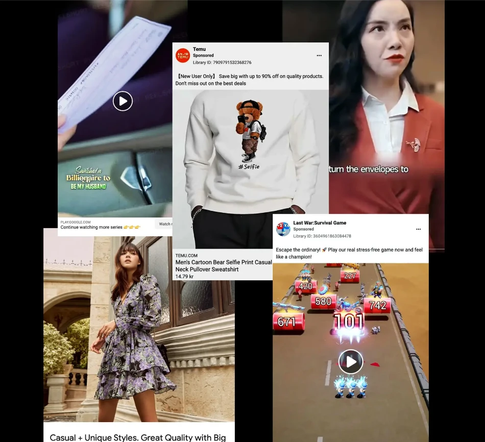 Một số quảng cáo trên Meta và Google của các công ty Trung Quốc. Ảnh: THE NEW YORK TIMES quảng cáo 1.png