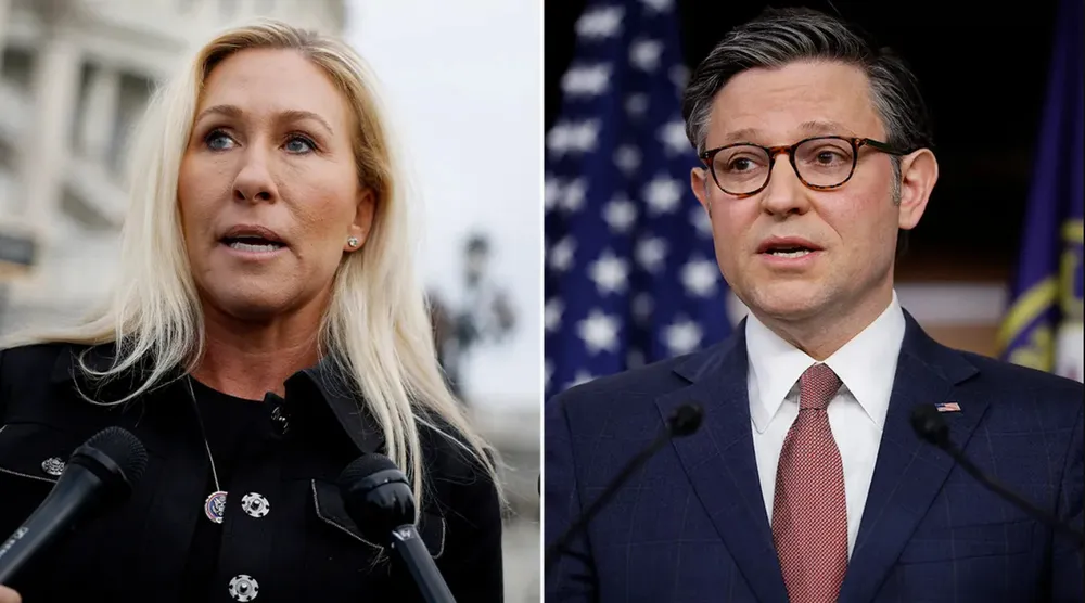 Hạ nghị sĩ Cộng hoà Marjorie Taylor Greene và Chủ tịch Hạ viện Mỹ Mike Johnson..jpg