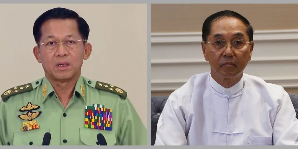Thống tướng Myanmar - ông Min Aung Hlaing (trái) và quyền Tổng thống Myanmar Myint Swe. Ảnh: THE IRRAWADDY quyền Tổng thống