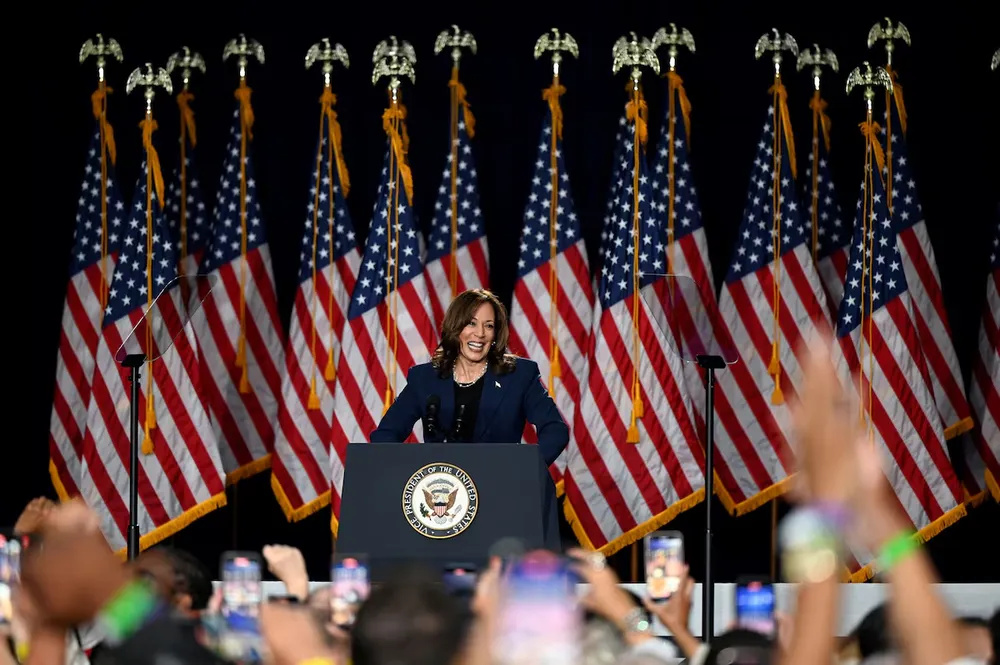 Phó Tổng thống Mỹ Kamala Harris tại buổi vận động tranh cử ở bang Wisconsin ngày 23-7. Ảnh: REUTERS Phó Tổng thống Harris