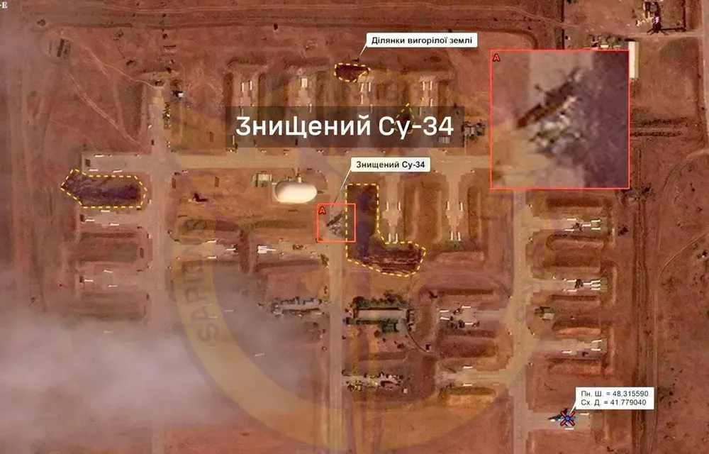 Hình ảnh vệ tinh cho thấy hậu quả của cuộc tấn công của Ukraine vào sân bay Morozovsk (tỉnh Rostov, Nga) ngày 3-8. Ảnh công bố ngày 5-8. Ảnh: HUR Chiến sự Nga-Ukraine