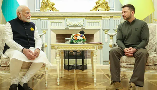 Thủ tướng Ấn Độ Narendra Modi hội đàm cùng Tổng thống Ukraine - ông Volodymyr Zelensky ngày 23-8. Ảnh: VĂN PHÒNG TỔNG THỐNG UKRAINE Thủ tướng Ấn Độ