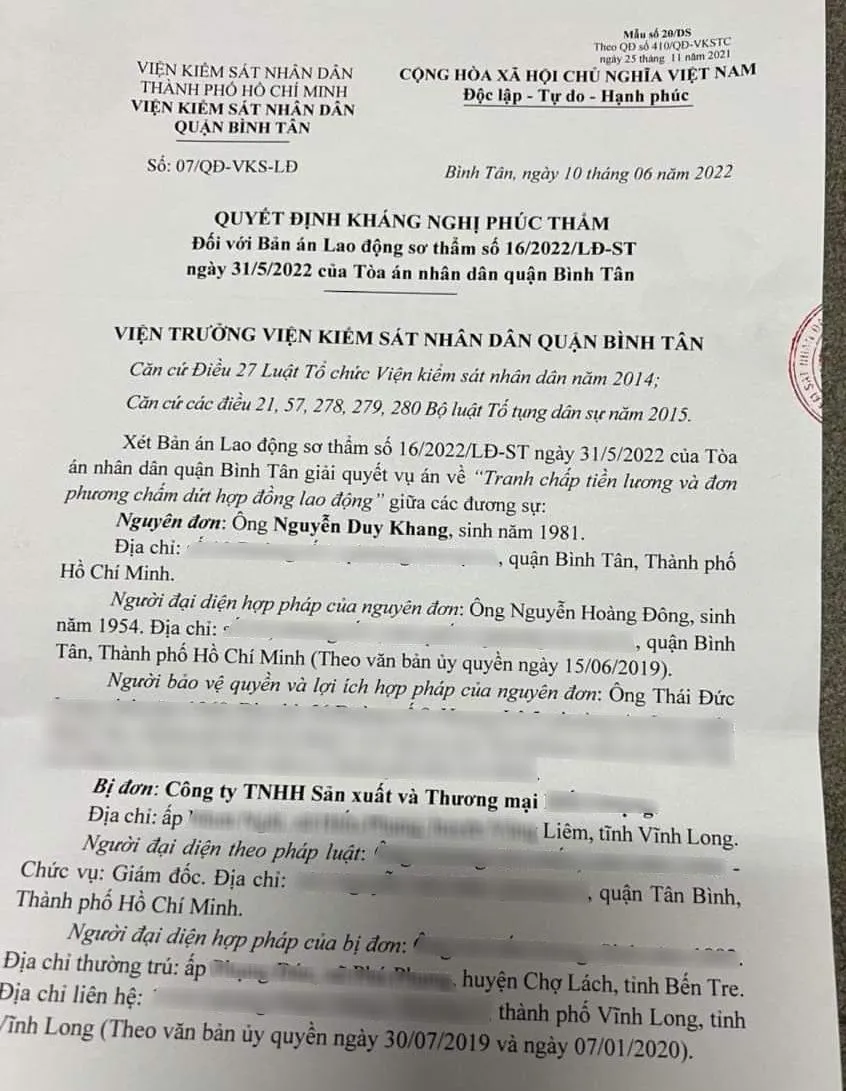 Quyết định kháng nghị bản án của VKSND quận Bình Tân đã chỉ ra nhiều điểm vi phạm về cả tố tụng lẫn nội dung. Ảnh: ĐẶNG LÊ