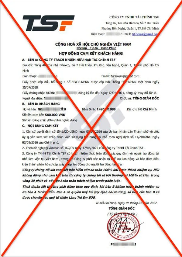 Văn bản giả mạo do các đối tượng mượn hình ảnh, uy tín của Công ty TNHH Tài chính TSF để thu tiền khách hàng. Ảnh: HỮU ĐĂNG